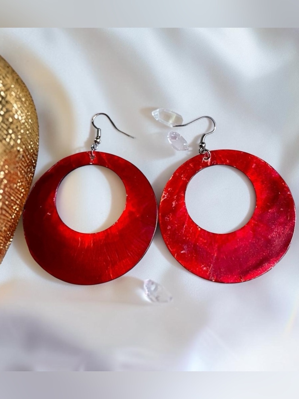 Red Shell Hoop Statement Earrings